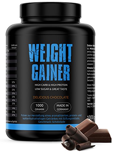 GYM-NUTRITION High Quality Weight Gainer | Auf Hafer - Gerstenbasis | HIGH PROTEIN | LOW SUGAR | HIGH CARBS | Beliebt bei Bodybuildern Und Sportlern, Die Masse Aufbauen Wollen | Geschmack Delicious Chocolate | 1Kg | Made in Germany