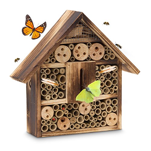 Relaxdays Insektenhotel gebrannt HBT 28,5 x 30 x 9 cm Bienenhotel aus Naturmaterialien als Unterschlupf für Käfer, Bienen und andere Insekten Insektenhaus aus Holz mit Spitzdach, natur