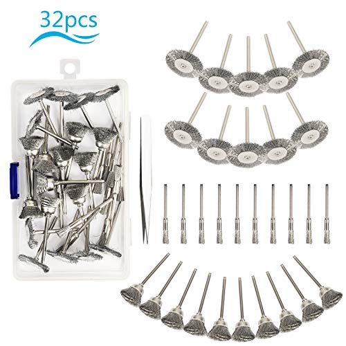 KATOOM 32tlg Drahtbürsten Set für Bohrmaschine Dremel Edelstahl Schleifzubehör mit Pinzette Akkuschrauber Topfbürste Pinselbürste zum Abtragen Polieren Reinigung Schleifen
