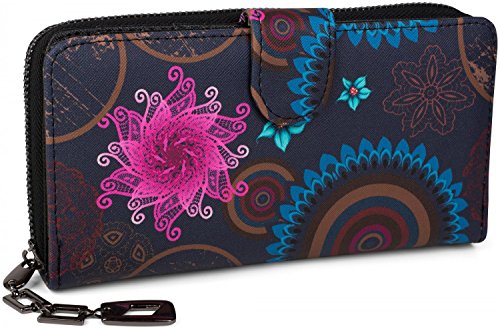 styleBREAKER Geldbörse mit Ethno Blumen und Blüten Muster, Vintage Design, Reißverschluss, Portemonnaie, Damen 02040040, Farbe:Dunkelblau-Blau-Pink