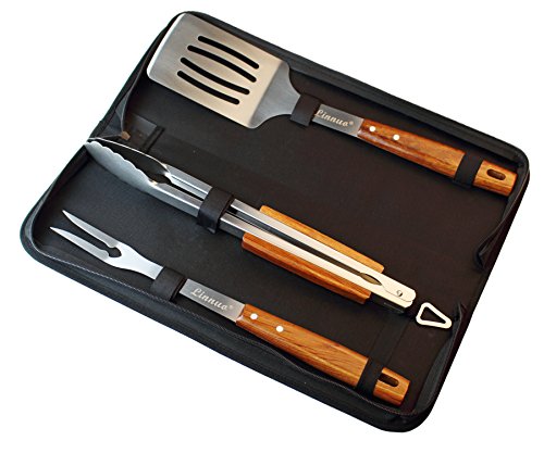 Linnuo Grillzange Grillbesteck Set Grillzange Grillwender Fleischgabel aus Edelstahl und Holz Griff mit Tragetasche extra lang XXXL ideal für Grillen Kochen Servieren 45cm (3tlg. Grillset)