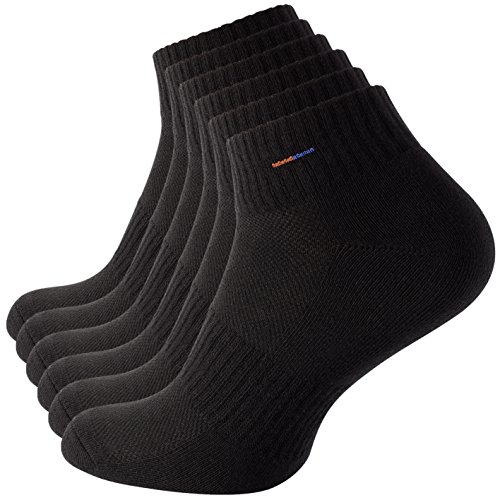 CottonPrime 6 Paar Damen & Herren Sportsocken Quarters- Lauf- und Funktionssocken mit Frotteesohle, Kurze Socken 43/46 Schwarz