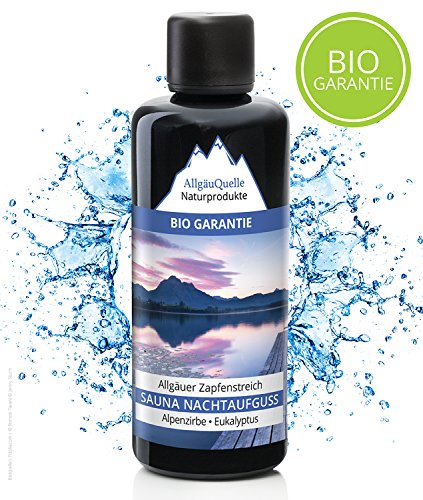 Saunaaufguss mit 100% BIO-Öle Nachtaufguss Alpenzirbe Eukalyptus (100ml) Natürlicher Sauna-aufguss m. Ätherische Sauna-Öle im Aufguss-Mittel enthalten. Saunaaufgüsse natrurrein und biologisch.