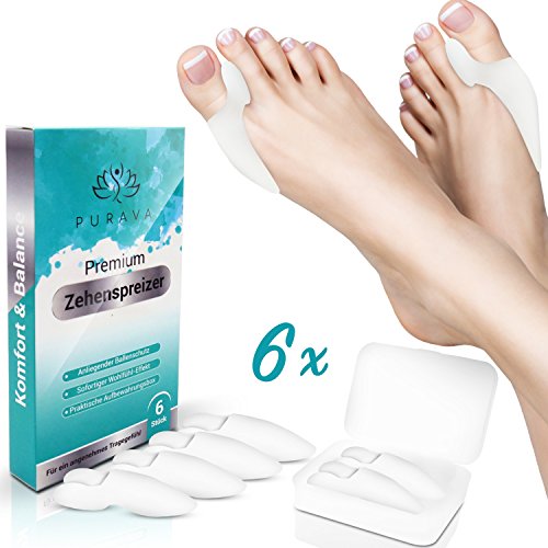 6x Hallux Valgus Zehenspreizer von PURAVA - Inklusive hygienischer Transportbox - Optimaler Tragekomfort dank innovativem Soft Gel Silikon - BPA frei - 1 Jahr Geld zurück - Universalgröße