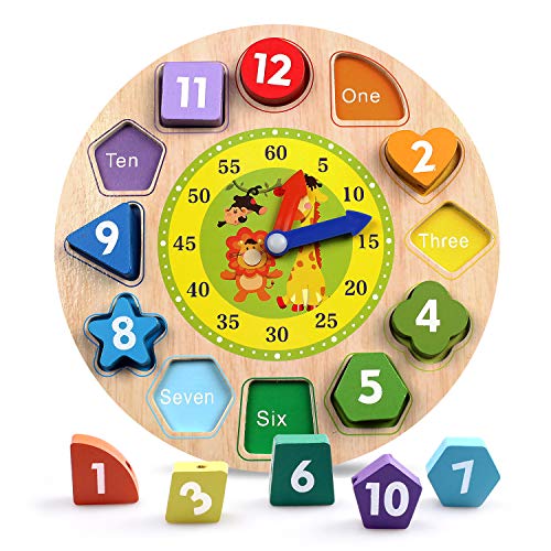 Reastar Lernuhr Uhr-Spielzeug aus Holz Lernspiel aus Holz Kinderspielzeug Lernuhr Montessori Spielzeug mit Seil, Zahl und Tier Muster - Pädagogisches Lernen Spielzeug für Kinder ab 3 Jahren