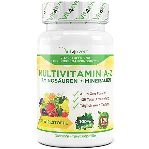 Multivitamin A-Z - 120 Tabletten - 32 Vitamine, Mineralien, Aminosäuren, Spurenelementen +Antioxidantien, 120 Tage Versorgung - Täglich nur 1 Tablette - Mulitvitamine - Vitamin C, Eisen, Vitamin E, Zink, Vitamin B3, Niacin, Magnesium, Vitamin B5, Vitamin D3, OPC, Traubenkernextrakt, Kurkuma, Glutamin, Vitamin B6, Alpha-Liponsäure, Vitamin B1, Vitamin B2, Vitamin B3, Vitamin D3, Vitamin A, Folsäure, Kupfer, Vitamin B12, Selen, Biotin … Vit4ever