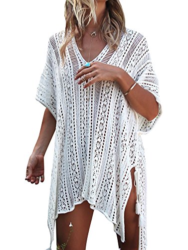 Damen Gestrickte Strandkleid Sommer Strandponcho Strandurlaub Badeanzug Bikini Cover-Ups HAIGOU (One Size, Weiß)