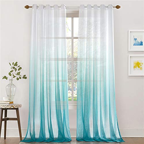 Lindong Farbverlauf Voile Vorhang Transparent Gardinen mit Ösen Dekoschal für Wohnzimmer Schlafzimmer 1er-Pack blau 140x225cm