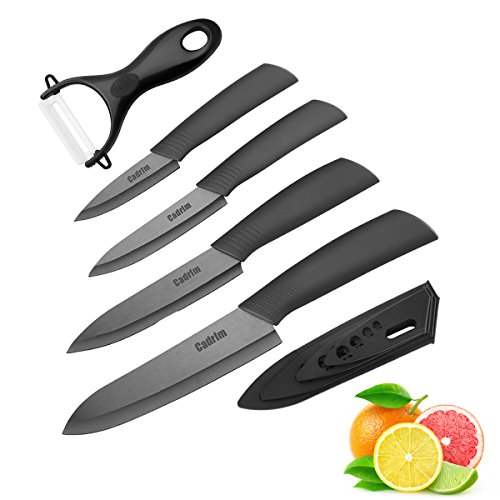 Cadrim Keramikmesser Set,Kochmesser mit Klingenschutz,Allzweckmesser und Messerschärfer,Keramik Küchenmesser zum Schneiden Obst Gemüse Fleisch - Sets of 5,Schwarz