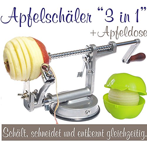 Apfelschäler Apfelschneider Apfelentkerner 3 in 1 mit Apfeldose (silbergrau)