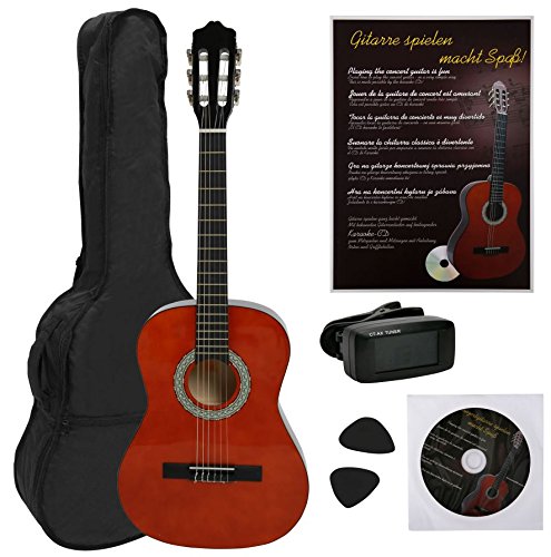 NAVARRA Konzertgitarre 3/4 STARTER SET honigfarben mit schwarzen Randeinlagen, inklusiv Tasche leicht gepolstert mit Rucksackriemen, Lehrbuch mit vielen Hits und CD, Cliptuner(Stimmgerät) mit LCD Nadelanzeige mit Hintergrundbeleuchtung, 2 Plektren