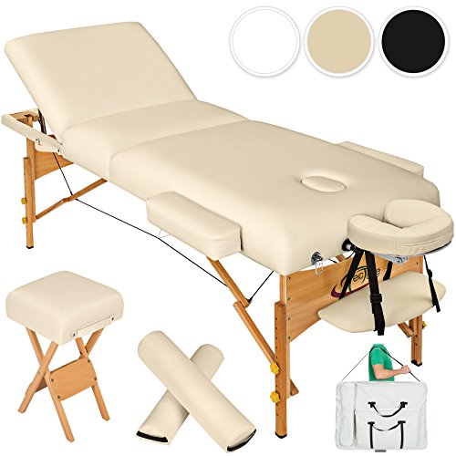 TecTake Massageliege 10cm reine Polsterung inkl. 2 Lagerungsrollen, Hocker & Tasche & Alukopfstütze - Farbe wählbar - (Beige)