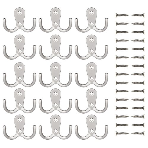 15 Stück Doppelt Zinke Robe Haken Retro Kleiderbügel mit 30 Stück Schrauben, Silbern