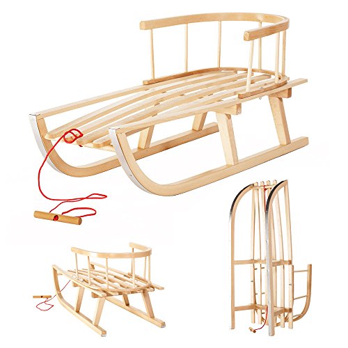 Holzschlitten mit Rückenlehne und Zugseil Schlitten aus Holz Kinderschlitten