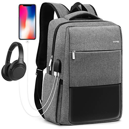 HOMIEE Business Laptop Rucksack Herren, Schulrucksack Notebook Rucksack mit USB Ladeanschlus für 15.6 Zoll Laptop, für Herren, Damen, Arbeit, Schule, Reisen (Grau)