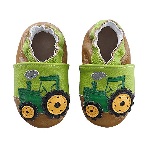 KOSHINE Weiches Leder Krabbelschuhe Baby Schuhe Kinder Lauflernschuhe Hausschuhe 0-3 Jahre (6-12 Monate, Grün Traktor)