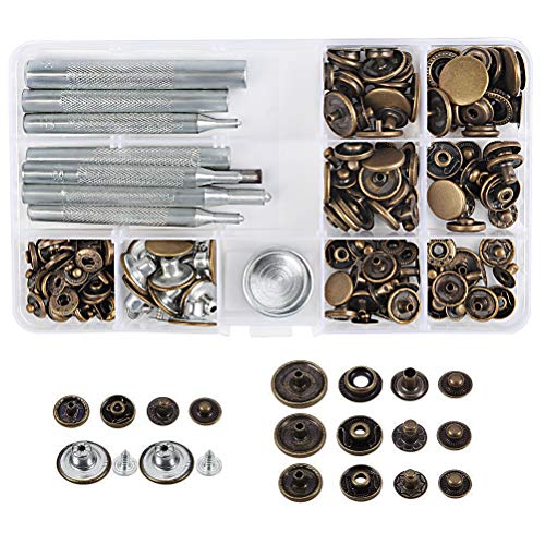 WOWOSS 50 Set Metall Druckknöpfe Druckknopf mit 9 STL.Befestigungswerkzeuge,Druckknöpfe für Leder Jeans Metall Snaps Knöpfe mit 10mm 12mm 15mm 17mm,Metall Druckknöpfe Set(Silberweiss Schwarz Bronze