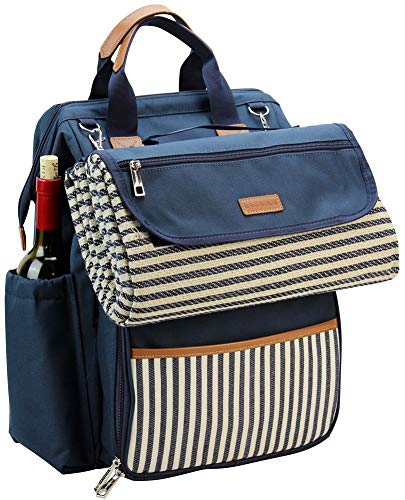INNO STAGE Wide Open Picknick-Rucksack mit großem Fassungsvermögen für 4 Personen, mit isoliertem Kühlerfach, 9'-Platten, Besteck aus Holzgriff und wasserdichter Decke in Marineblau MEHRWEG