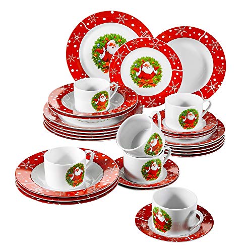 VEWEET, Serie SANTACLAUS, Porzellan Tafelservice, 30-teilig Geschirrservice für 6 Personen, Beinhaltet Kaffeetassen, Untertassen, Dessertteller, Speiseteller und Suppenteller