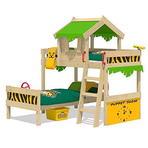 WICKEY Etagenbett CrAzY Jungle Hochbett Doppel-Kinderbett 90x200 mit Lattenboden und Dach, apfelgrün-gelb