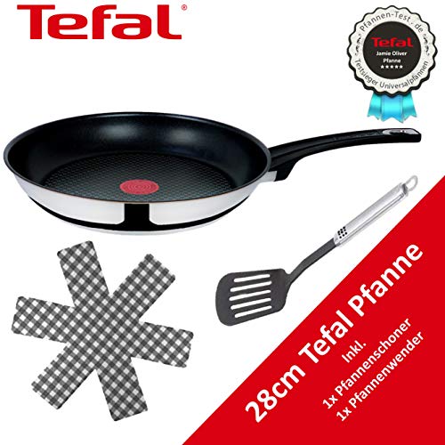 Tefal B12595 Jamie Oliver Edelstahl Bratpfanne 28 cm + Glasdeckel, 4 TLG Set, Antihaftpfanne Induktionsgeeignet, 28cm Pfanne für alle Herdarten geeignet, inkl. Pfannenwender und Pfannenschoner