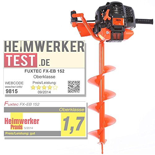 FUXTEC Benzin Erdbohrer FX-EB152 mit 3 PS, inkl. 3 Bohraufsätzen 100 / 150 / 200 mm und einzigartigem Ölkontrollfenster Erdlochbohrer Pfahlbohrer
