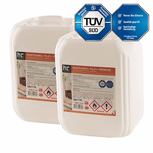 20 L Bio Ethanol Premium 96,6% (2 x 10 L) für Kamin - versandkostenfrei - in zwei handlichen 10 L Kanistern - TÜV SÜD zertifiziert