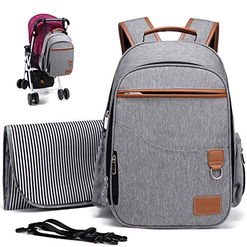Myhozee Wickelrucksack Wickeltasche Wasserdichte Rucksack,Multifunktional Große Kapazität Babyrucksack Reisetasche mit Wickelunterlage und Kinderwagen Haken für Unterwegs für Mama und Papa (Grau)