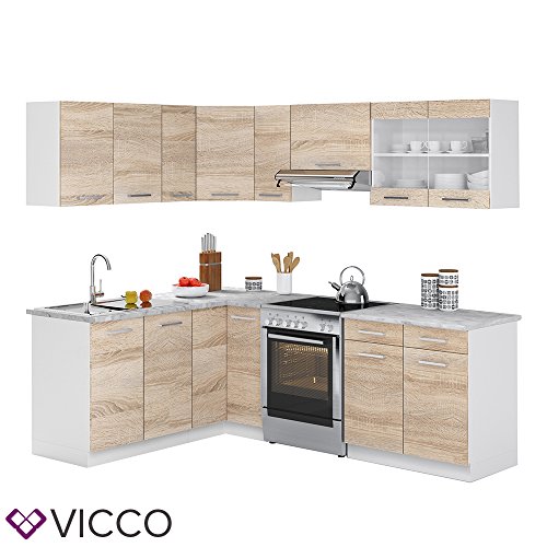 Vicco KÜCHENZEILE L 230CM KÜCHENBLOCK Winkel ECK Einbau Sonoma Eiche - FREI KOMBINIERBARE EINHEITEN - R-Line