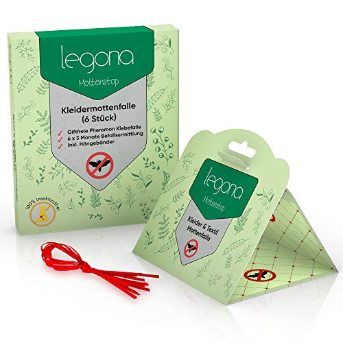 Legona 6x Natürliche BIO Kleidermottenfalle / 100% Insektizidfreie Pheromonfalle für 18 Monate Mottenschutz / Erstklassige Mottenfalle für den Kleiderschrank sowie Wohnräume mit Naturtextilien