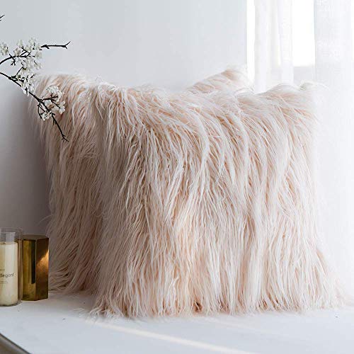 Leeko Kissenbezug Kunstfell Reißverschluss Kissenhülle Kissenbezüge Fellkissen Sofakissen Wildfell Fell Bezüge Kissen Hülle Sofa Deko Hüllen 45 x 45cm 2PCS (Beige)