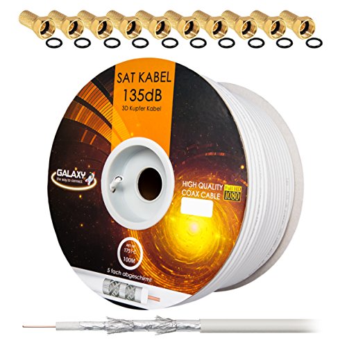 135dB 100m Koaxial SAT Kabel Reines KU Kupfer Koax Kabel Antennenkabel 5-fach geschirmt für DVB-S / S2 DVB-C und DVB-T BK Anlagen + 10 vergoldete F-Stecker mit Gummiring SET Gratis dazu von HB Digital