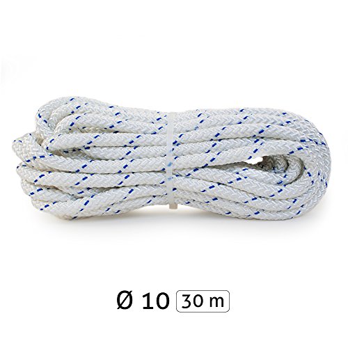 Yachtglanz R.G.. - Festmacherleine | Ankerleine | ø10 mm - 560 kg Bruchlast | aus Polyester | in Weiß mit Blauem Kennfaden | Seil | Tau (30 m)