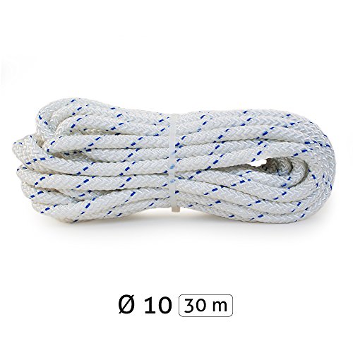 Yachtglanz R.G.. - Festmacherleine | Ankerleine | ø10 mm - 560 kg Bruchlast | aus Polyester | in Weiß mit Blauem Kennfaden | Seil | Tau (30 m)