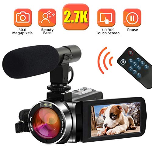 Camcorder Videokamera 2.7K 30MP Camcorder Full HD mit Mikrofon Digitalkamera für YouTube mit Pausenfunktion Drehbarer 3,0-Zoll-Touchscreen Videokamera