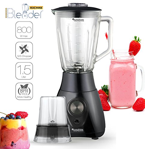 2in1 - 800 Watt Standmixer mit Mix-Behälter aus Glas 1,5 Liter inklusive Kaffeemühle, BPA-Free, 4-fach Edelstahl-Messer, Smoothie Maker, Blender, Ice-Crusher, geeignet für Smoothies, Cocktails, Suppen Schwarz