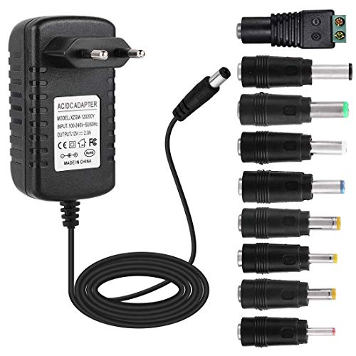 EFISH DC-Netzteil 12V 2A,AC 100-240V bis DC 12V Netzkabel tragbares Ladegerät für LED-Streifen,Fischbecken,Radiowecker,Scanner,Schalter,Router,Lautsprecher,T-Com,Speedport+9 Verschiedene Adapterköpfe