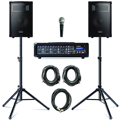 Alesis PA System in a Box Bundle, 280W Sound System mit 4-Kanal Mixer, 2 10 Zoll Passiv 2- Wege Lautsprecher mit Stative, Lautsprecherkabel und Mikrofon mit Kabel