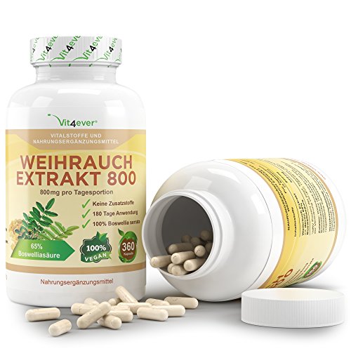 Weihrauch Extrakt 800 - 360 Kapseln - 800 mg pro Tagesportion - mind. 65% Boswellia-Säure - 100% Boswellia Serrata ohne Zusatzstoffe & Füllstoffe - Vegan - Premium Qualität - Vit4ever