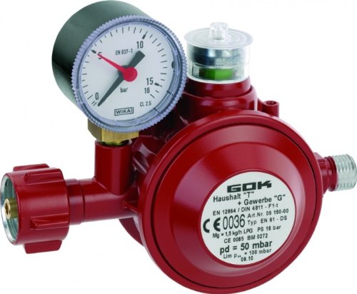 GOK Haushaltsregler / Gasregler für den Einsatz in geschlossenen Räumen, Betriebsdruck:50 mbar 1,5kg/h PS16Bar 't'