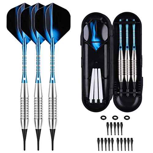 Dartpfeile mit Kunststoffspitze, Soft Darts Pfeile Set für Elektronische Dartscheibe, 18 Gramm Softdarts Dartpfeile mit grün blau lila Aluminium Schaft 15 Spitzen Anti-Lose Gummiringe - 3 Stil