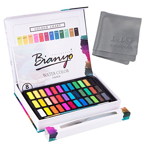 Aquarellfarben Wasserfarben set – 36 lebendige Farben + 1 Wassertankpinsel + 1 Pinsel + 8 Aquarellpapier – geeignet für Anfänger und Profis – Bianyo