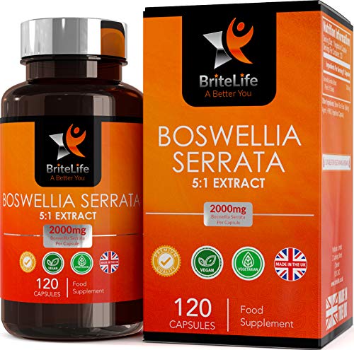Weihrauch Kapseln Indischer Boswellia serrata 2000 mg HOCHDOSIERTES 5:1 Extrakt von BriteLife - 120 Weihrauchkapseln | BEI SCHMERZEN UND ENTZÜNDUNGEN | für Gelenke & Sehnen