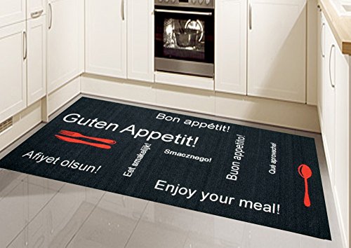 Küchenläufer Küchenteppich Gelläufer Waschbar Schwarz Rot Weiss mit Schriftzug Guten Appetit Größe 67x180 cm