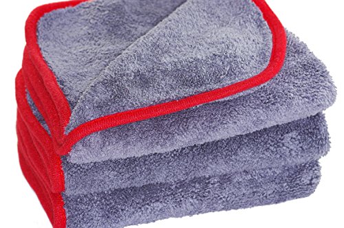 glart 443TP Premium Flausch 3er Set Mikrofasertücher, ultraweich für perfekte Lackpflege, anthrazit mit roter Kante 40 x 40 cm