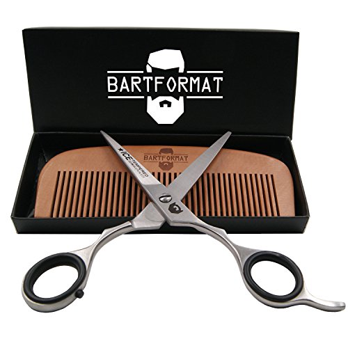 Bartpflege Set 'KURZMACHER' von BARTFORMAT - Bartschere (16 cm) Edelstahl matt + Bartkamm (13 cm) 100% Birnbaumholz - sehr scharfe Schere für den Bart, mit herausnehmbaren Fingerverkleinerern