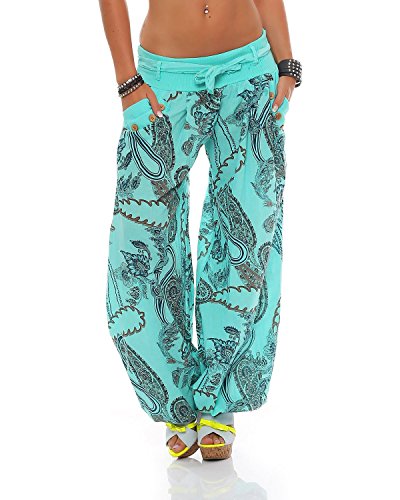 ZARMEXX Damen Pumphose Haremshose Sommerhose Aladinhose Strandhose Fantasy-Print Baumwollhose (Einheitsgröße: 36-40, mint)