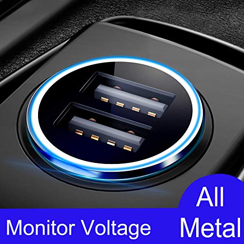 Auto Ladegerät, 4.8A / 24W [Ganzmetall] Mini USB Auto Adapter [Anzeige für den Autospannungsstatus] KFZ Ladegerät 2-Port für iPhone XR/Xs Max, Samsung Galaxy S8, Huawei Und mehr (Schwarz)–MEHRWEG
