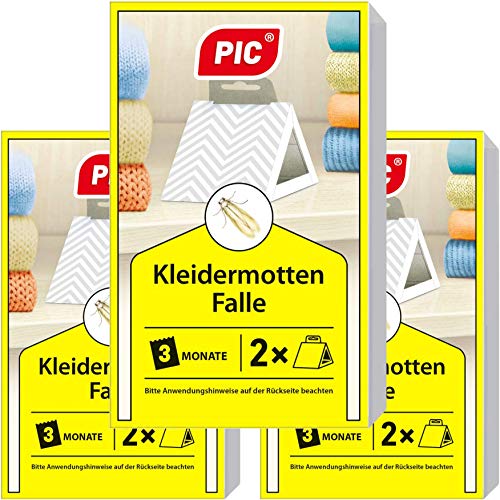 PIC Kleidermottenfalle - Dreierpack = 6 Stück - Mittel gegen Kleidermotten, geeignet zum Schutz sämtlicher Kleidung im Schrank und in der Lagerung