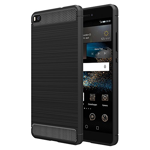 [Neue Version]Huawei P8 Hülle Schwarz,Simpeak Premium Weiche Karbonfaser Elastisch Schützendes Rückseiten-Case für Huawei P8 [Fallschutz] [Rutschfest] [Kratzfest]